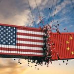 USA_and_China_trade_war._US_of_America_and_chinese_flags_crashed_containers_on_sky_at_sunset_background._3d_illustration