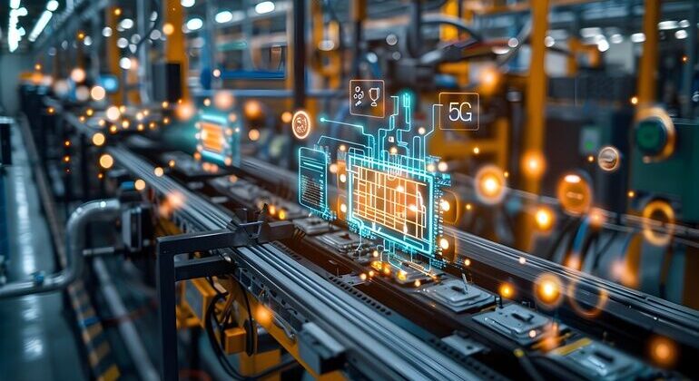 This_image_depicts_a_high-tech_industrial_factory_environment_showcasing_the_of_5G_connectivity_and_advanced_automation_technologies_The_scene_features_various_machinery,equipment,and_control_systems