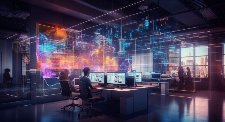 Modern_neon_cyberpunk_open_space_office_interior_blurred_with_information_technology_overlay._Corporate_strategy_for_finance,_operations,_marketing._Generative_AI_technology