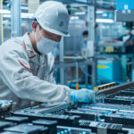 An_attentive_technician_in_protective_clothing_examines_lithium_battery_modules_on_a_modern_production_line_in_a_factory.