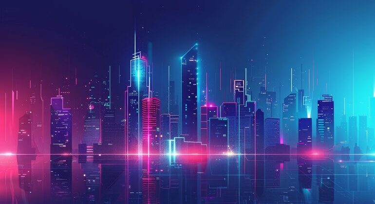 Vector_illustration_urban_architecture,_cityscape_with_space_and_neon_light_effect._Modern_hi-tech,_science,_futuristic_technology_concept._Abstract_digital_high_tech_city_design_for_banner_background_--ar_3:2_Job_ID:_037a034a-9ba4-4e50-a480-63e9f11913d0