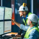 Group_of_operators_control_process_on_product_line_uses_industry_4.0_and_digital_technology_on_modern_factory._Two_engineers_follow_assembly_process_uses_SCADA_system_which_AI_technology_and_UI_