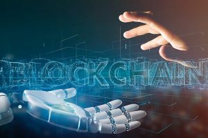 View_of_a_Cyborg_hand_holding_a_Blockchain_title_3d_rendering