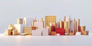 3D_illustration_of_several_financial_elements,_warehouse,_financial_elements,_white_background,_blue_gold_red._The_style_is_low_poly,_with_simple_shapes_and_minimalist_designs._Use_light,_shadow_and_clean_lines._The_perspective_is_from_the_front._The_illustrations_feature_a_minimalist_design_style._--ar_2:1_--style_raw_Job_ID:_a5789835-def0-415e-a989-b4346692129f